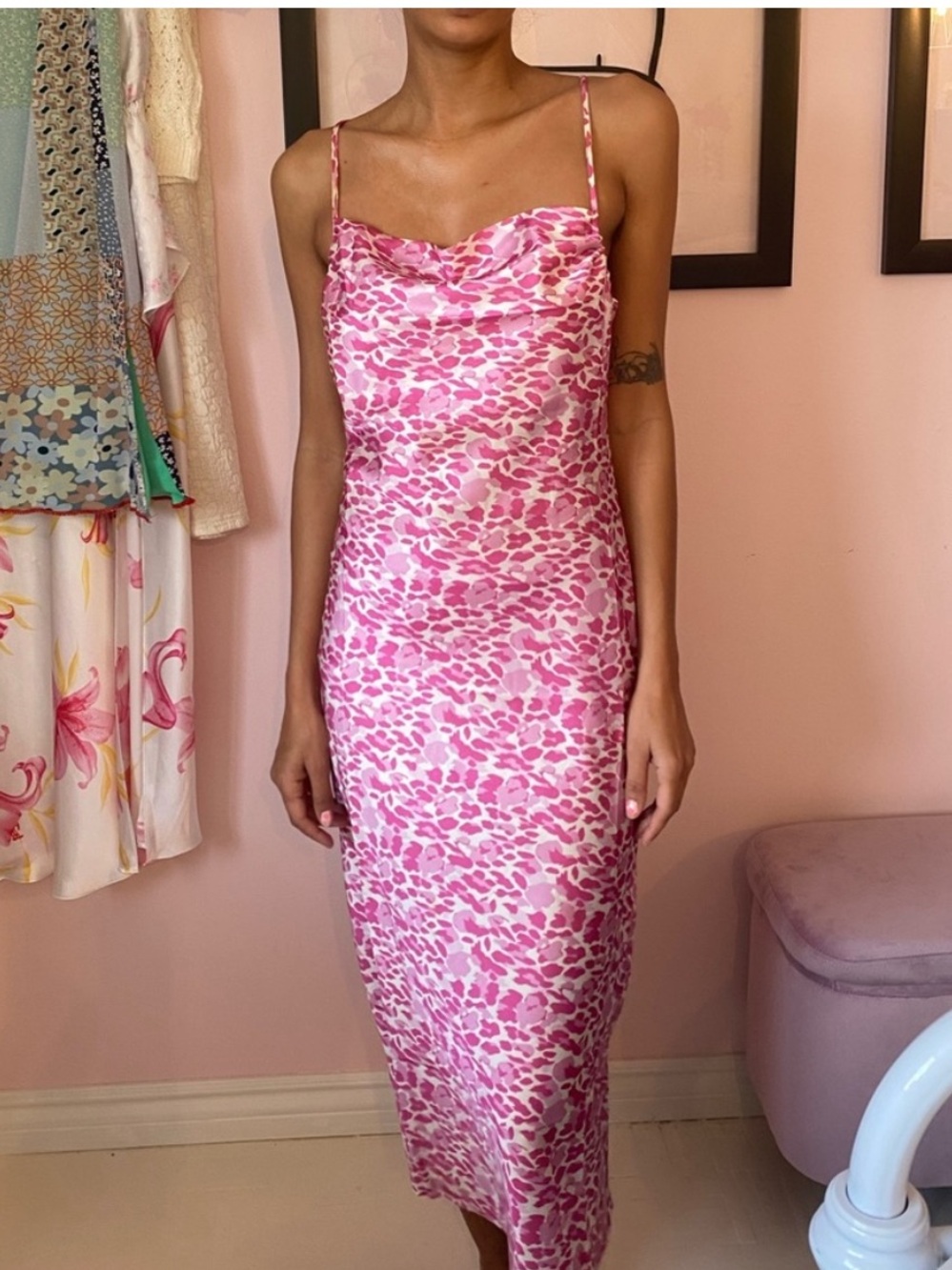 Paper Heart Pink Leopard Print Cowl-Neck Midi Slip Dress